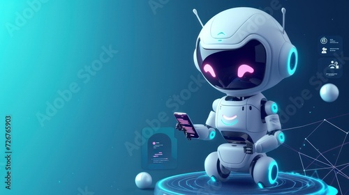 Adorable 3D Robot Character Interacting with Advanced Technology Smartphone Interface. 
