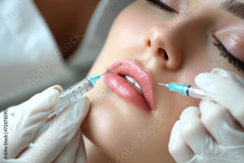 Lip volume augmentation injections in a cosmetic clinic