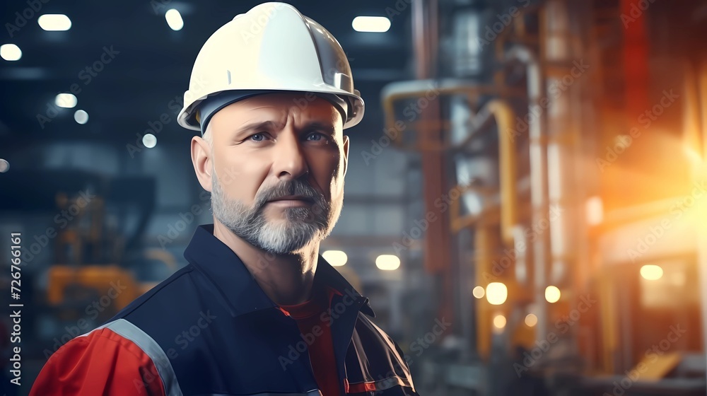 Portrait of Industry maintenance engineer man wearing uniform and safety hard hat on factory station. Industry, Engineer, construction concept.