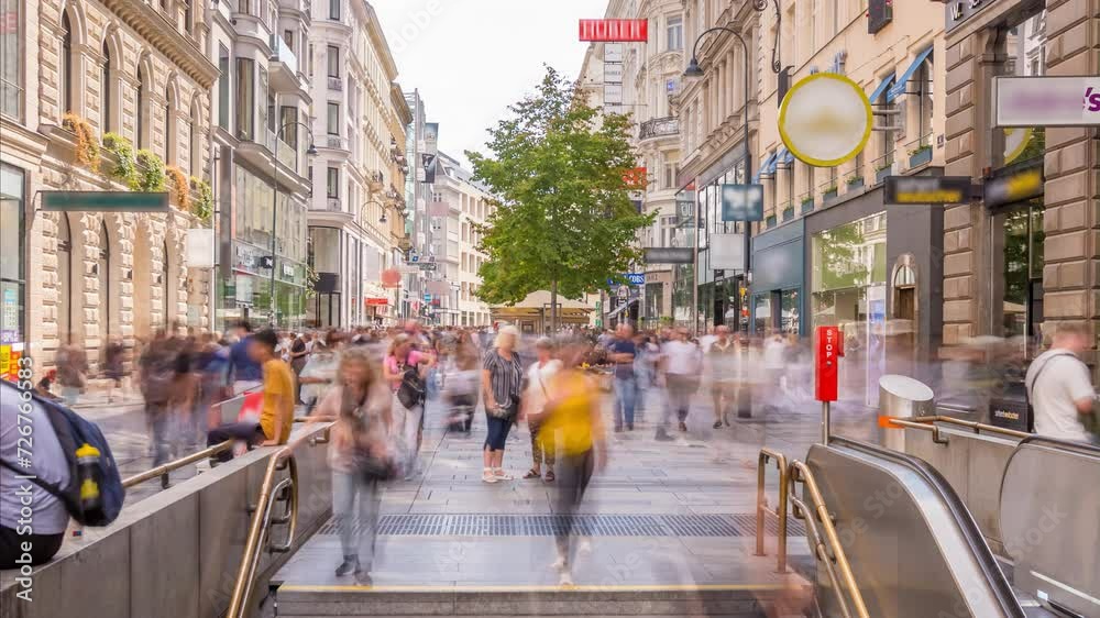 Vienna main shopping street in city centre people walking and shopping time lapse, vienna austria main street.