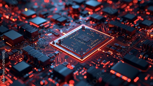 3D rendering of cyberpunk AI. Circuit board. Technology background. Central Computer Processors CPU and GPU concept. Motherboard digital chip. Tech science background photo