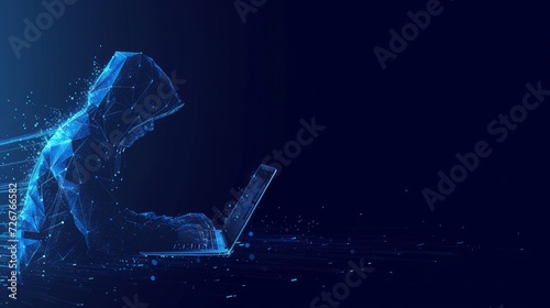 Anonymous hacker at the laptop computer Internet security. Cyber attack business concept low poly. Server polygonal point line design vector illustration