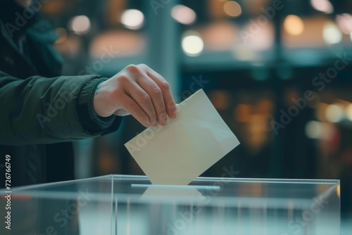 Hand placing ballot in transparent voting box