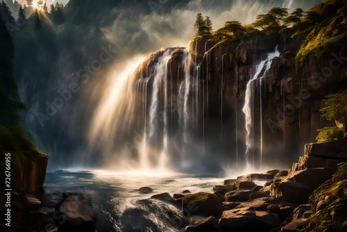 : Witness a powerful waterfall cascading down a rocky cliff, creating a mesmerizing display of energy and spray under the bright sunlight © Malik