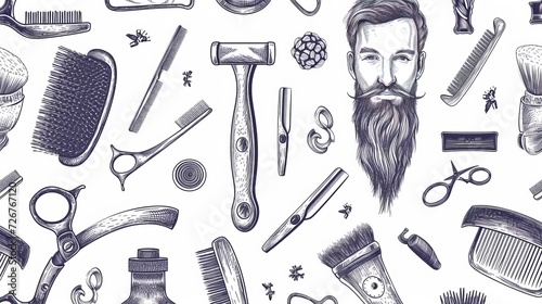 Barber Shop seamless pattern with doodle Hand drawn razor, scissors, shaving brush, comb, classic barber shop tools, Pole. Sketch. Lettering. For wallpaper, web page background