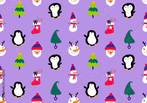 Christmas cartoon doodle seamless Santa and penguin and snowman pattern for wrapping paper and fabrics