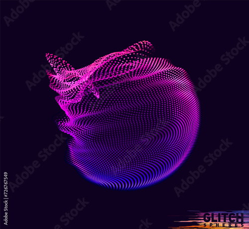 Abstract vector colorful mesh on dark background. Futuristic style card. Corrupted point sphere