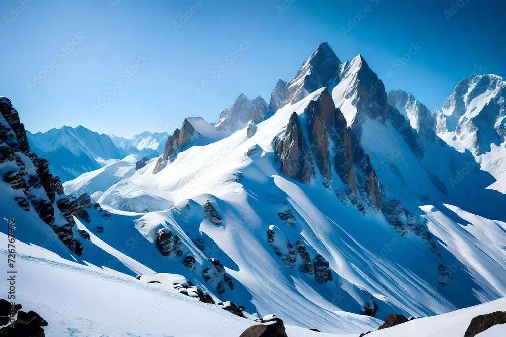 : Marvel at the grandeur of a snow-capped mountain peak piercing the clear blue sky, with pristine slopes and rugged rocks creating a majestic landscape