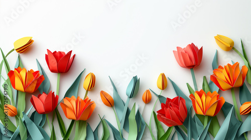 Paper origami tulips on white background with copy space for text. #726767919