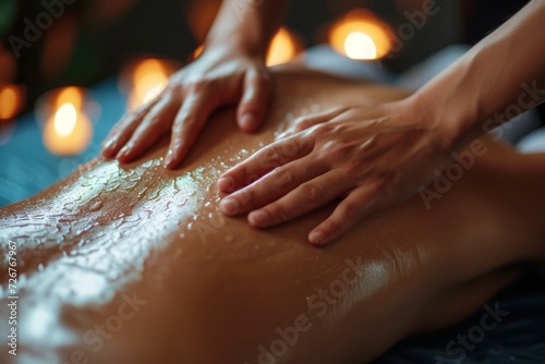 Body massage with golden oil against candle light.