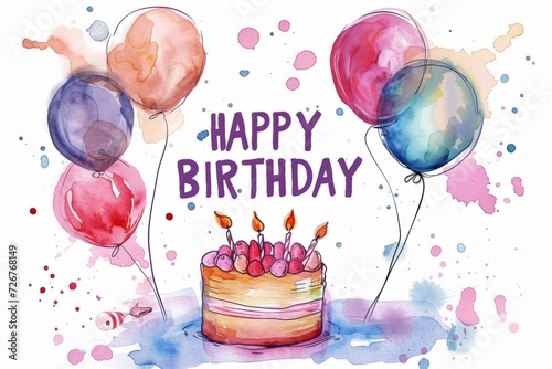 Painted watercolor Happy Birthday with cake and balloons Generative AI