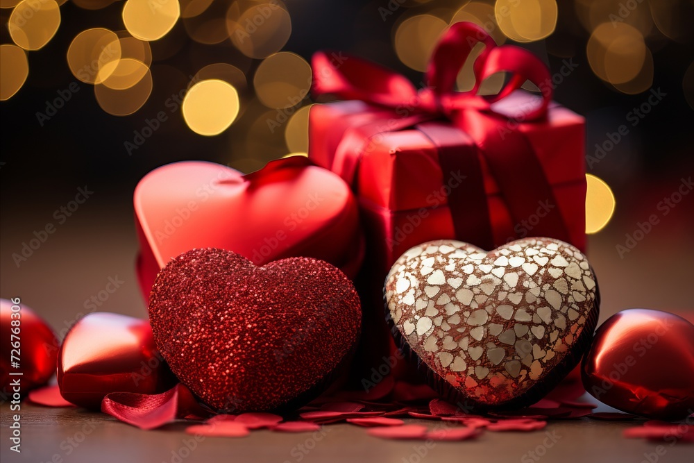 Valentines Day Chocolate Assortment on Gift Box Background - Close-Up with Bokeh Effect Valentines Day Chocolate Assortment on Gift Box Background - Close-Up with Bokeh Effect
