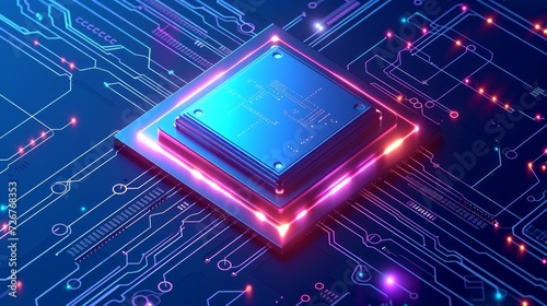 Futuristic microchip processor with lights on the blue background. Quantum computer, large data processing, database concept. CPU isometric banner. Central Computer Processors CPU concept.Digital chip photo