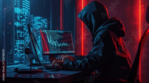 Hacker and Cyber criminals phishing stealing private personal data, user login, password, document, email and credit card. Phishing and fraud, online scam and steal. Hacker sitting at the desktop photo