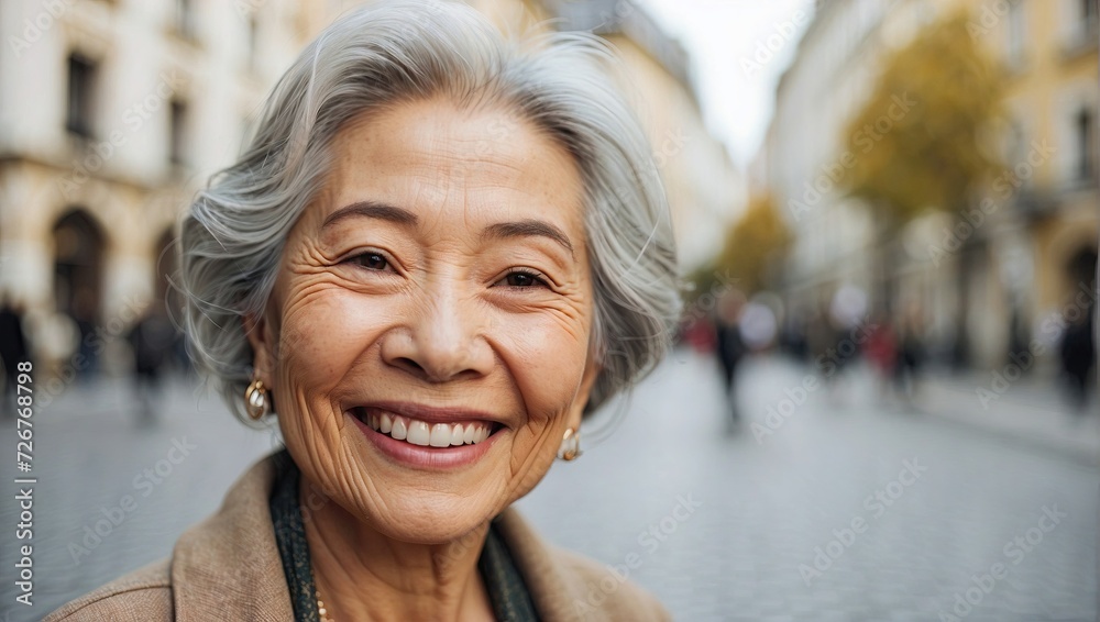 Elegant senior Asian woman with a charming smile walking on a busy city street, with blurred pedestrians and buildings in the background. Elegant senior Asian woman with a charming smile walking on a busy city street, with blurred pedestrians and buildings in the background.