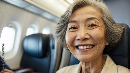 Joyful senior Asian woman with gray hair smiling inside an airplane, first-class cabin visible in the background. photo
