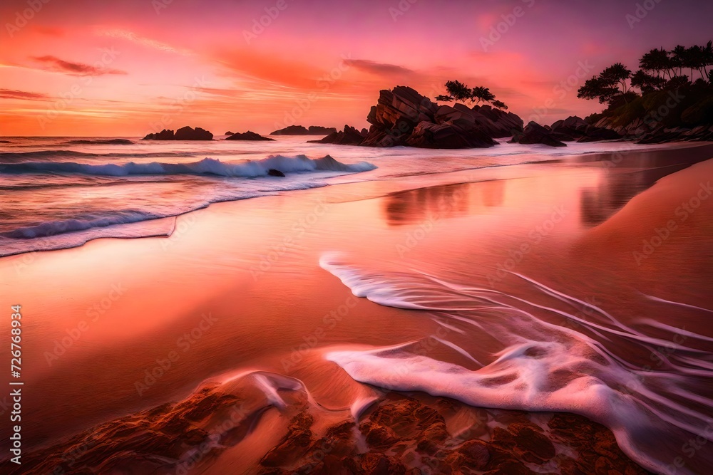  Experience the tranquility of a secluded beach at dawn, with gentle waves kissing the shore, and the sky painted in hues of pink and orange as the sun rises. - obrazy, fototapety, plakaty 