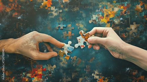 Hands combine puzzle pieces. Art collage photo