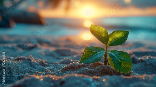 A green plant emerges from the beach sand, defying the aridity of the environment with its vitality. Plant with vibrant leaves in contrast to the coastal scenery.