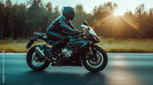 Professional motorbike rider. A motorcycle rides fast on the road. Generative AI. Sport. Copy space for your custom text. Fast motion blur effect © Ruslan Shevchenko