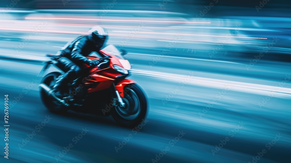 Obraz premium Professional motorbike rider. A motorcycle rides fast on the road. Generative AI. Sport. Copy space for your custom text. Fast motion blur effect