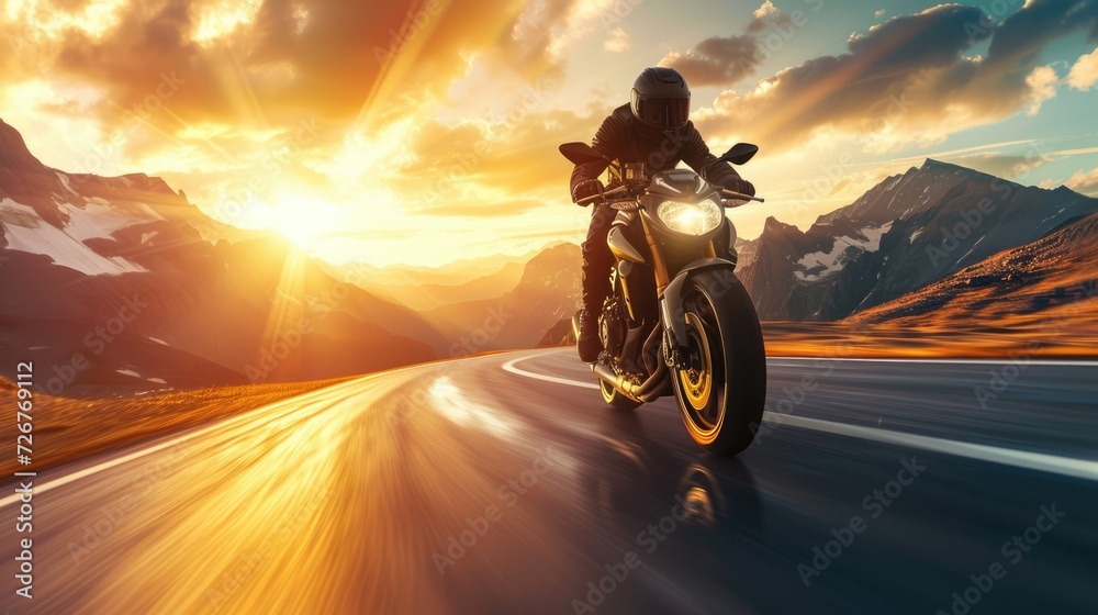 Professional motorbike rider. A motorcycle rides fast on the road. Generative AI. Sport. Copy space for your custom text. Fast motion blur effect Professional motorbike rider. A motorcycle rides fast on the road. Generative AI. Sport. Copy space for your custom text. Fast motion blur effect