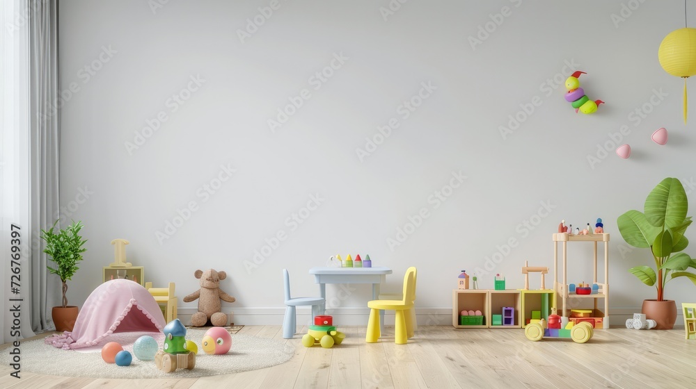 Mockup wall in the children's room,children's playroom on wall white color background.3d rendering - obrazy, fototapety, plakaty 