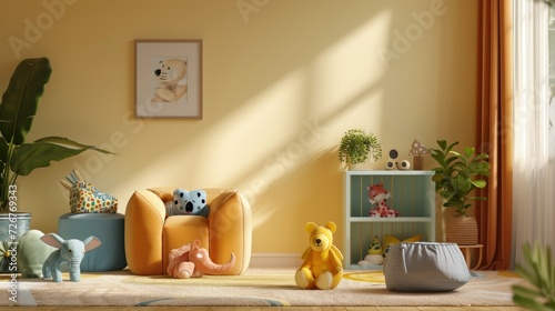 Mockup wall in the children's room on wall cream color background.3d rendering