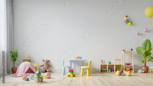 Mockup wall in the children's room,children's playroom on wall white color background.3d rendering photo