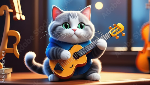 Cute cat with a guitar on the background of the room. Cartoon cat. Generative AI