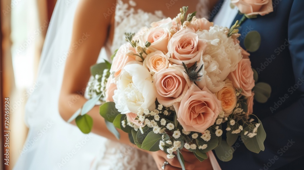 Naklejka premium bride and groom wedding couple with a bouquet of light rose and white color flowers 