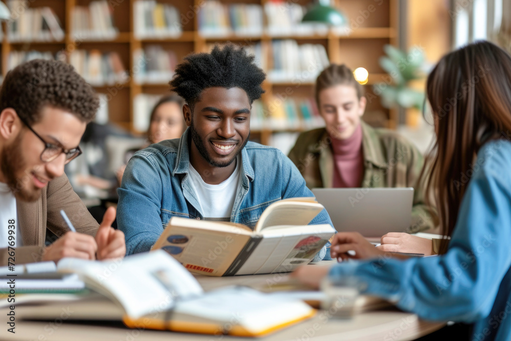 Multiracial university students sitting together at table with books and laptop Multiracial university students sitting together at table with books and laptop