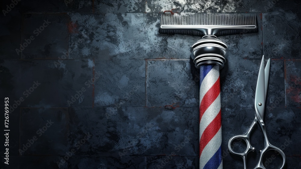 Razor, scissor and comb with pole emblem background concept. Barbershop background concept - obrazy, fototapety, plakaty 