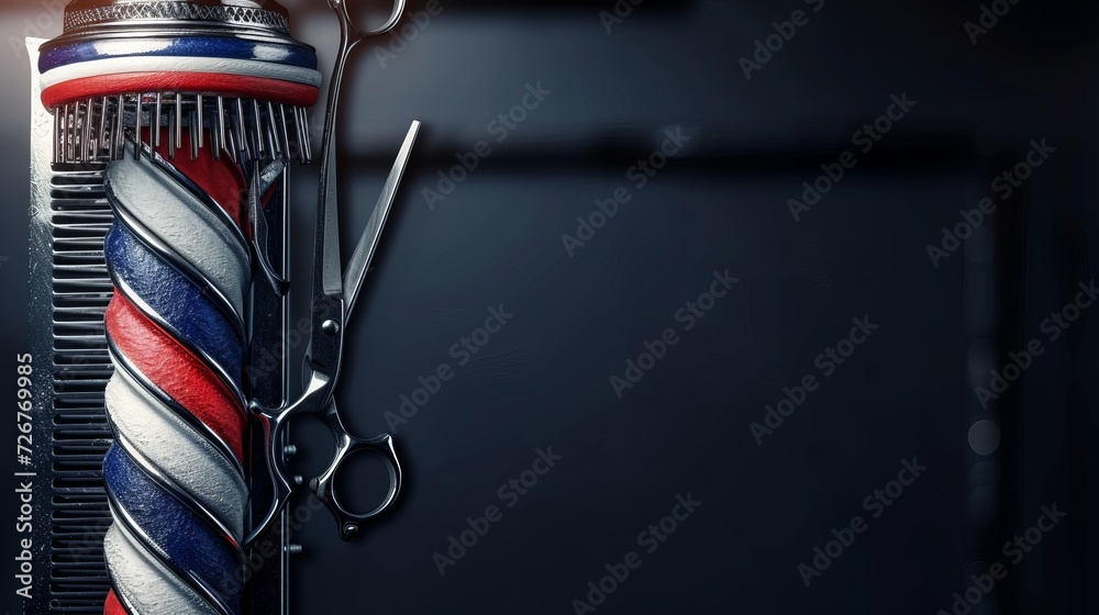 Razor, scissor and comb with pole emblem background concept. Barbershop background concept - obrazy, fototapety, plakaty 