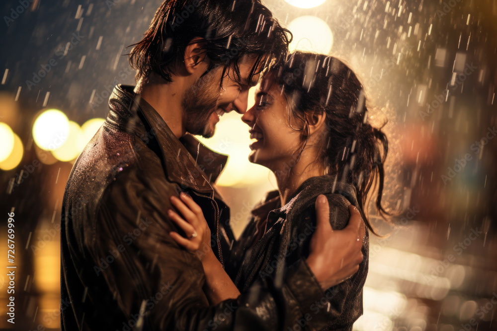 A delighted couple, embracing in the rain at night, sharing love, passion, and laughter outdoors. A delighted couple, embracing in the rain at night, sharing love, passion, and laughter outdoors.