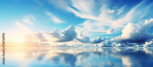 Horizon panorama of summer seascape view, showcasing beautiful wide expanse blue sky meeting blue sea, clouds, sunrise,vacation travel holiday banner, tropical beach 