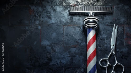 Razor, scissor and comb with pole emblem background concept. Barbershop background concept photo