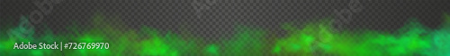 Very long green and cyan gradient futuristic colorful smoke cloud. Vector realistic vibrant acid fog isolated on the semi transparent dark background.