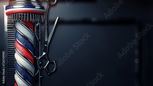 Razor, scissor and comb with pole emblem background concept. Barbershop background concept