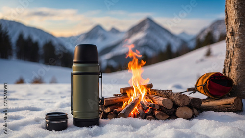 thermos on the snow with a campfire in the background photo