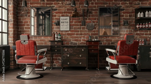 Stylish hairdressing salon equipment. Stylish Barber Chair Isolated. Barbershop Theme. barbershop working place interior 3d illustration. Barber shop equipment photo