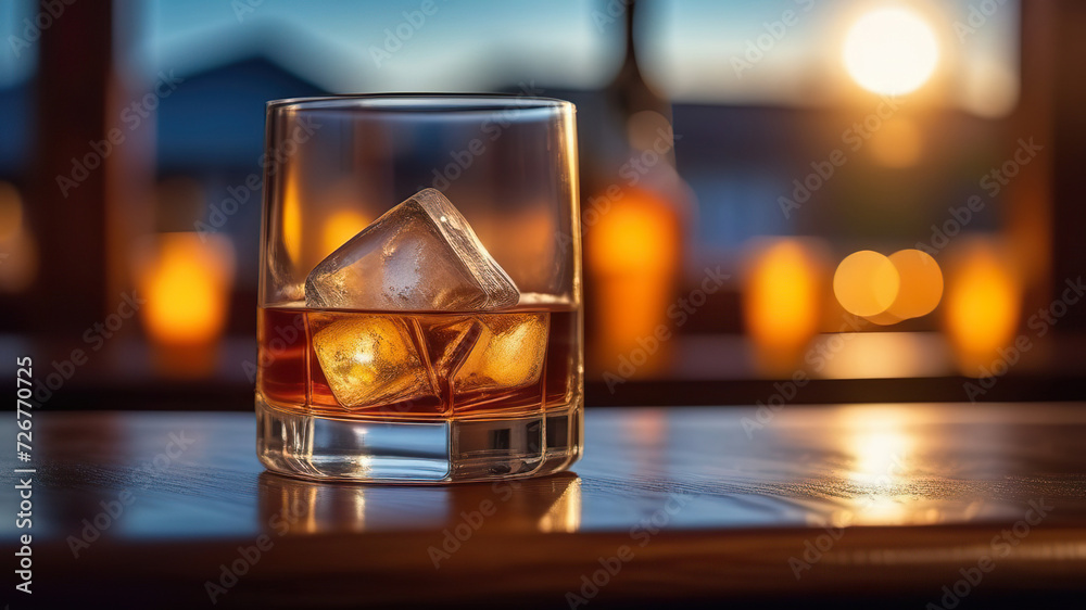 Glass of whiskey with ice cubes on a wooden table with a window in the background. Generated AI