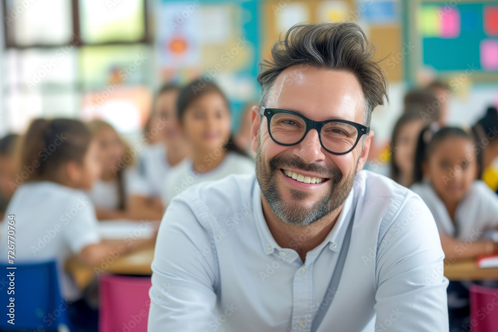 Fototapeta premium Portrait of smiling teacher in a class at elementary school