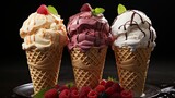 Ice cream in waffle cones on a black background. A set of different types of ice cream balls in waffle cones with fruits, berries, chocolate, caramel and sweets. Summer and sweet ice cream menu.
