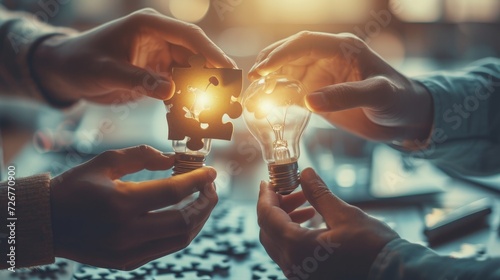 Teamwork or partnership for business success  innovation or creativity to solve problem  brainstorm or connect idea concept  businessman team members partner connect lightbulb jigsaw puzzle together