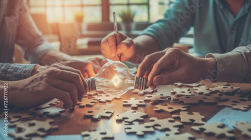Teamwork or partnership for business success, innovation or creativity to solve problem, brainstorm or connect idea concept, businessman team members partner connect lightbulb jigsaw puzzle together