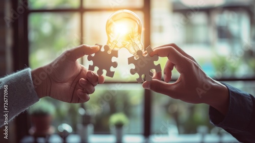 Teamwork or partnership for business success, innovation or creativity to solve problem, brainstorm or connect idea concept, businessman team members partner connect lightbulb jigsaw puzzle together photo