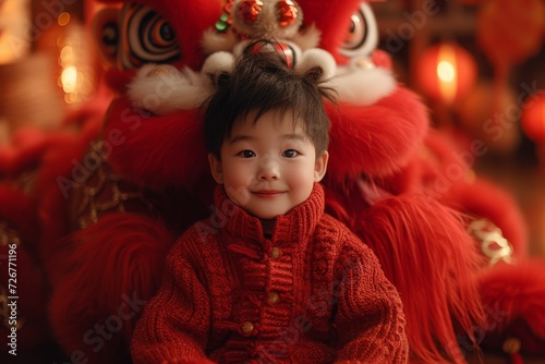 Cheerful child in a red knitted sweater with a Chinese lion dance costume in the background, symbolizing celebration Lunar Chinese New Year