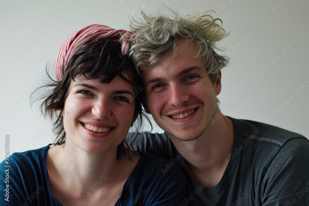 Humorous portrait of a couple with tousled and frizzy hair. Humorous portrait of a couple with tousled and frizzy hair.
