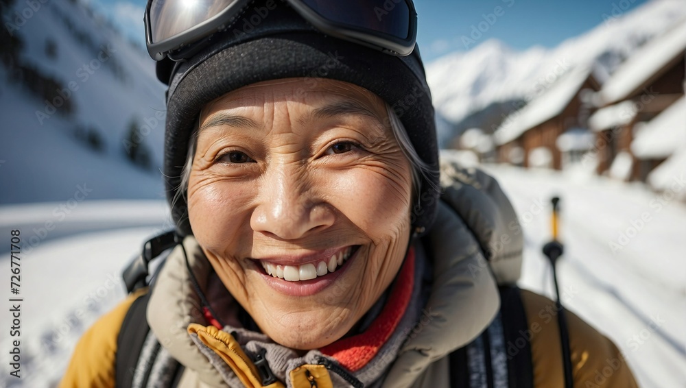 Elderly Asian woman smiling on a ski slope, wearing ski goggles and a beanie, with snow-covered mountains behind her. Elderly Asian woman smiling on a ski slope, wearing ski goggles and a beanie, with snow-covered mountains behind her.